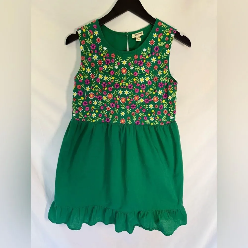 Cherokee 100% Cotton Green Sleeveless Dress with Pink & Yellow Floral Embroidery